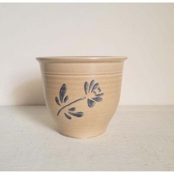Pfaltzgraff  FOLK ART Crock Vase FTDA 1984 Tan Stoneware w/Blue Flower USA - Picture 1 of 3